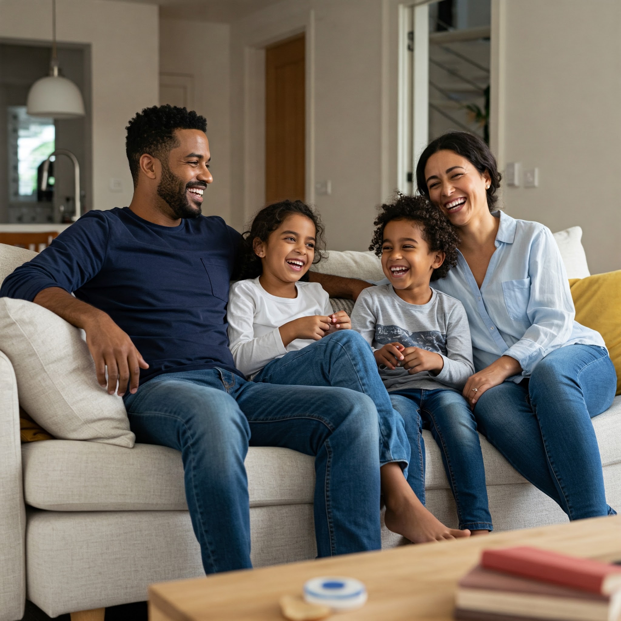 Une famille heureuse avec une mutuelle santé adaptée